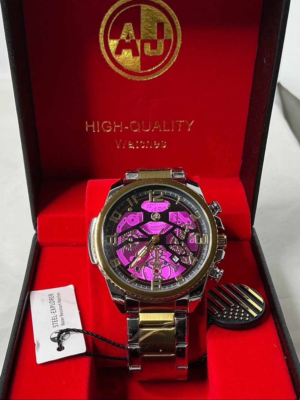 Two-Tone Men's 44mm Skeleton Watch in Gold and Silver withFuchsia Dial